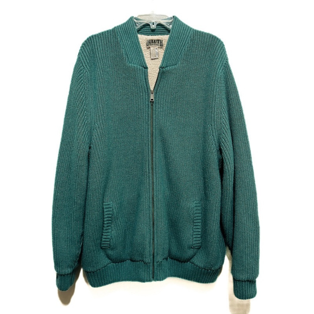 Duluth Shaker Knit Sherpa Lined Burly Retirement Green Mens Sweater Jacket Sz XL
